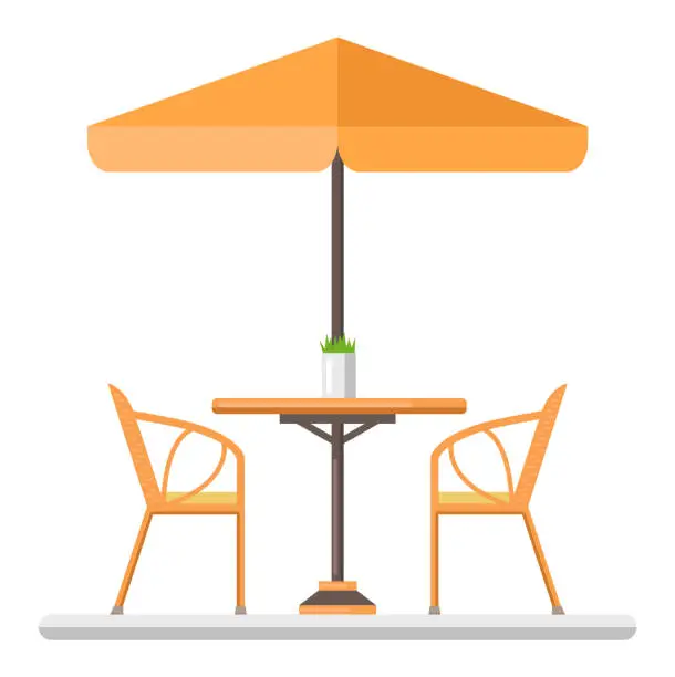 Vector illustration of Outdoor cafes. Table and wicker chairs under an umbrella. Isolated on white background.