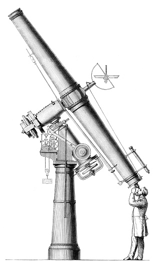 Scientist astronomer looking through astronomy telescope at Sternewarte Bothkamp
Original edition from my own archives
Source : Gartenlaube 1871