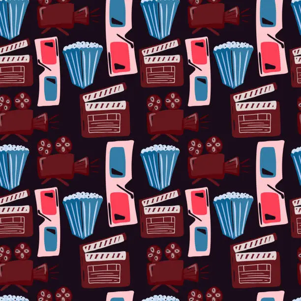 Vector illustration of Stylized cinema movie seamless pattern with popcorn, camera, 3d glasses and clapperboard silhouettes. Black background.