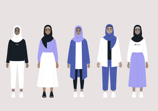 stockillustraties, clipart, cartoons en iconen met een set van het midden-oosten vrouwelijke personages dragen hijabs en verschillende outfits: casual, elegant, sport, business - hoofddoek