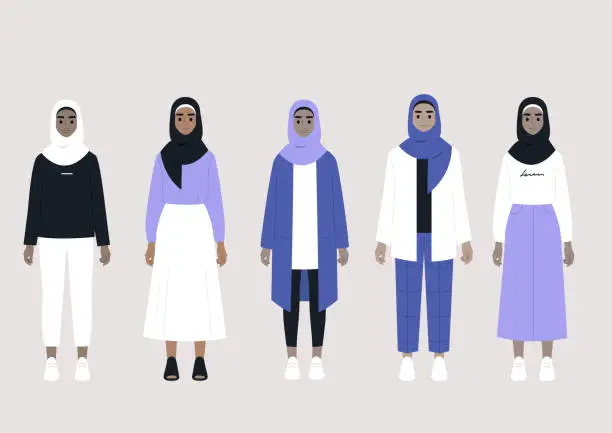Vector illustration of A set of middle eastern female characters wearing hijabs and different outfits: casual, elegant, sport, business