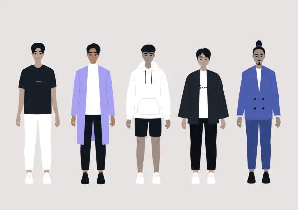 Vector illustration of A set of Asian male characters wearing different outfits: casual, sport, business, elegant