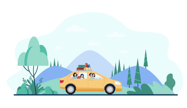 Happy family travelling by car Happy family travelling by car with camping equipment on top. Parents and kids riding down country road by mountain landscape. Vector illustration for adventure, trip, vacation concept car illustrations stock illustrations