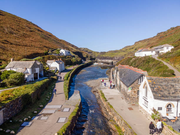 Boscastle, United Kingdom: September 29th, 2020:  Elevated view of the popular tourist destination of Boscastle in Cornwall, UK.