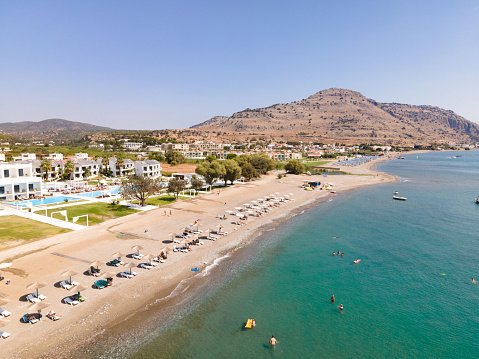 Lardos, Rhodes, Greece - September 21st, 2020:  Lardos has an impressive and wide sandy beach. Recent years has seen the construction of small hotels, along with a number of bars and taverna. This is a quiet resort and is popular with couples and small families..