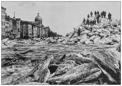 Antique black and white photograph of Montreal, Canada: Ice Jam on the wharves