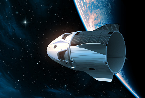 Commercial Spaceship On The Background Of Planet Earth. 3D Illustration. NASA Images NOT USED.
