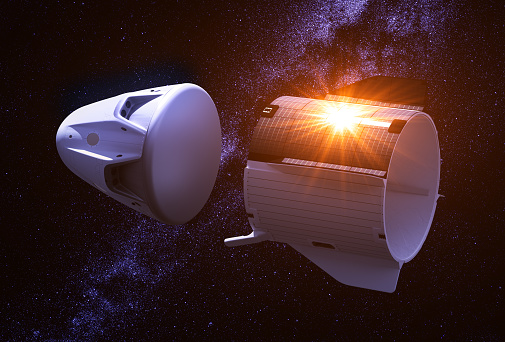 Separation of the descent capsule from a private spacecraft in space. 3D Illustration. NASA Images NOT USED.