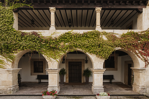 Entrance porch of a luxurious stone house