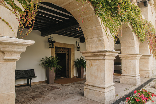 Entrance porch of a luxurious stone house