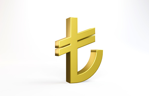 Turkish lira symbol. Gold TL Sign. Horizontal composition with copy space.