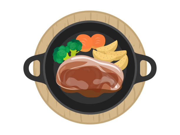 иллюстрация стейка из свинины на тарелке. - бифштекс иллюстрации stock illustrations
