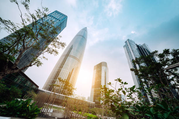 Low angle of view looking up at business district buildings