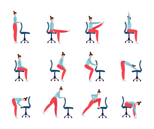 set von yoga-übungen mit bürostuhl ein vektor flache illustrationen - white background yoga exercising women stock-grafiken, -clipart, -cartoons und -symbole