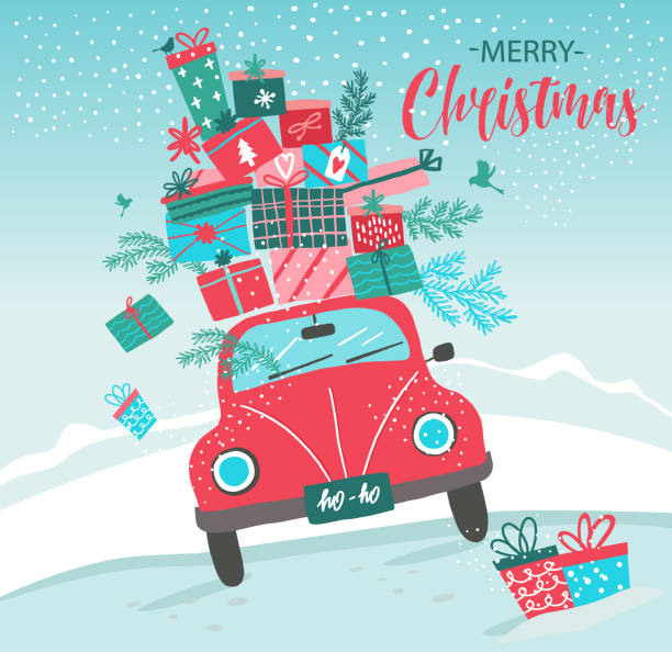 Vector picture with red car and Christmas gifts. Christmas picture. Red pickup. New year illustration delivery service. Picture with red car and Christmas gifts. Christmas picture. Red pickup holiday shopping stock illustrations