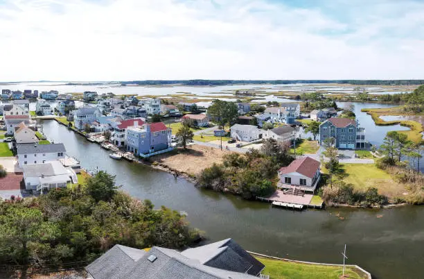 High angle drone view of a waterfront development between South Bethany Beach and Fenwick Island, Delaware