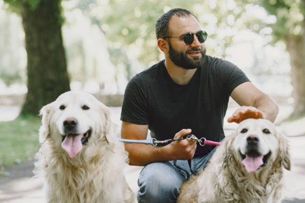 istock Blind man with guide dog in a summer city 1280023140