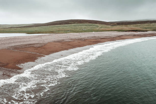 셰틀랜드의 모래 해변의 공중 보기 - shetland islands north sea beach sea 뉴스 사진 이미지