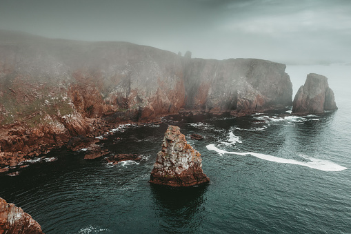 Aerial view of the coastline and cliffs at Braewick on the Atlantic coast of the Shetland Islands.