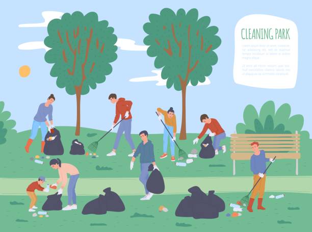 Poster for volunteer event of cleaning public park flat vector illustration. Poster background for volunteer social event of cleaning public park with cartoon people collecting trash and rubbish in litter bags, flat vector illustration. environmental cleanup stock illustrations