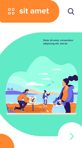 ilustrações, clipart, desenhos animados e ícones de grupo de jovens voluntários coletando lixo na praia do oceano - mulher catando lixo