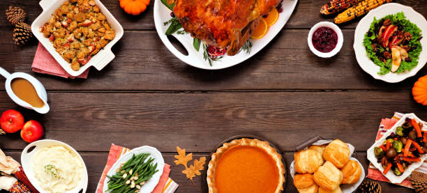 istock Classic Thanksgiving turkey dinner. Top view frame on a dark wood banner background. 1280026088