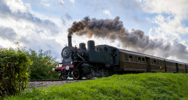 Steam train Vintage steam train with ancient locomotive and old carriages runs on the tracks in the countryside locomotive photos stock pictures, royalty-free photos & images
