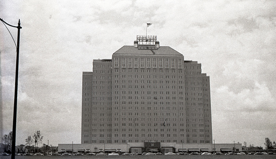 Shamrock Hotel in Houston, Texas, USA completed in 1949 and demolished in 1987. Photographed in 1949 with Ansco Ultra Speed scanned film with grain.