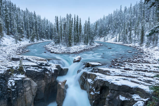 première neige matin dans le parc national jasper alberta canada paysage d’hiver enneigé dans les chutes sunwapta sur la rivière athabasca. belle photo de fond. début de la saison de ski. - jasper alberta photos et images de collection