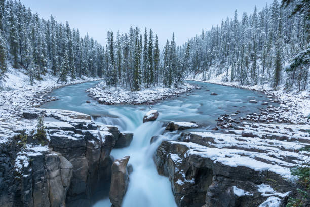 First snow Morning in Jasper National Park Alberta Canada Snow-covered winter landscape in the Sunwapta Falls on Athabasca river. Beautiful background photo. Start ski season. First snow Morning in Jasper National Park Alberta Canada Snow-covered winter landscape in the Sunwapta Falls on Athabasca river. Beautiful background photo. Start ski season. jasper national park stock pictures, royalty-free photos & images
