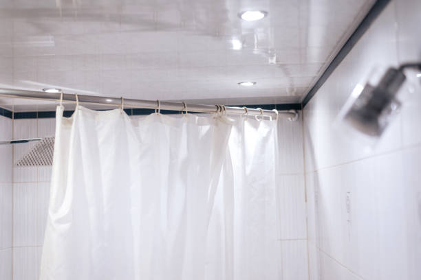 istock Curved shower curtain rod and shower curtain 1280027438