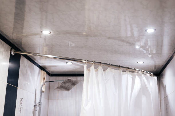 istock Blue shower curtain in the bathroom 1280027454