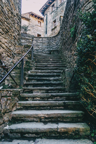 Stone ascendant stairs in a medieval village between stone walls with some houses in the background.