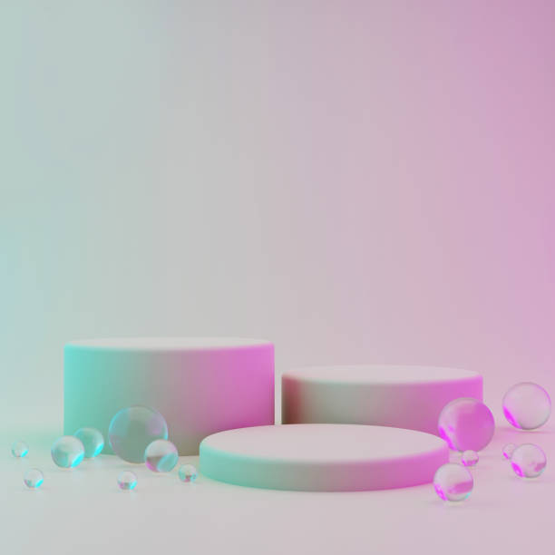 istock Three cylindrical geometric mockups of the podium on bright colored background with round glass balls on the floor. Minimalistic trendy style for cosmetics advertising. 3d render illustration. 1280028900