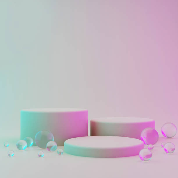 Three cylindrical geometric mockups of the podium on bright colored background with round glass balls on the floor. Minimalistic trendy style for cosmetics advertising. 3d render illustration. stock photo