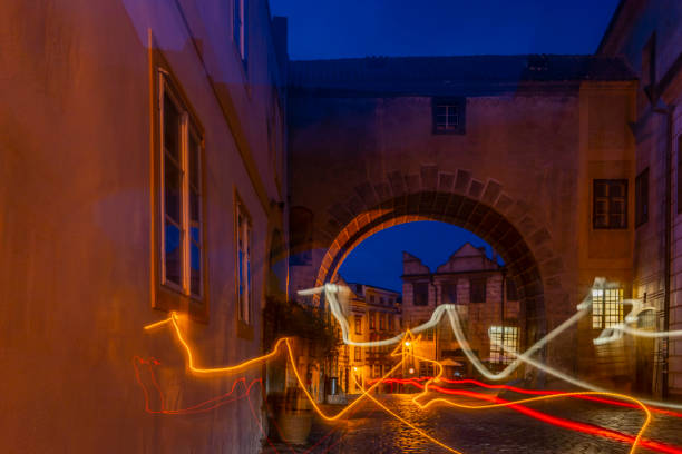 Cesky Krumlov old town streets and squares in autumn color soon morning