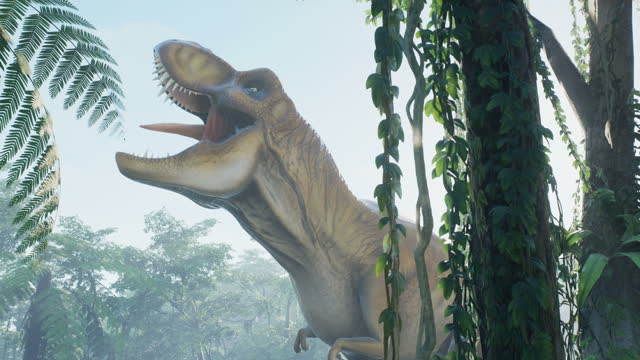 T Rex Tyrannosaurus dinosaur in the morning foggy prehistoric jungle. View of the green prehistoric forest in the jungle on a sunny morning.