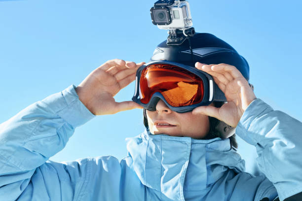 istock Snowboarder with action camera on helmet 1280030290