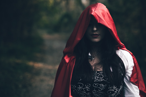 Little red riding hood gets lost in a forest alone.
