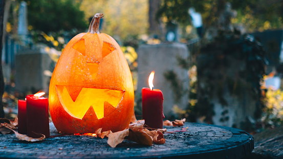 Halloween pumpkin Jack o lantern and candles on a graveyard.
