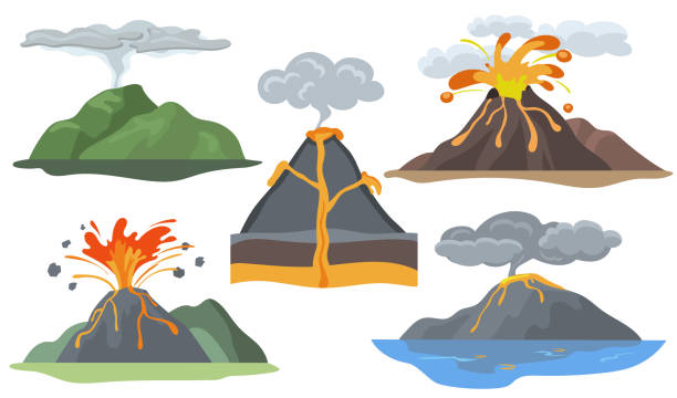 illustrazioni stock, clip art, cartoni animati e icone di tendenza di set di vulcani che esplodono - volcano exploding smoke erupting