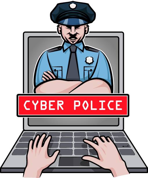 illustrations, cliparts, dessins animés et icônes de cyber agent de police apparaît sur l’ordinateur portable à l’écran. - violence police catching stealing