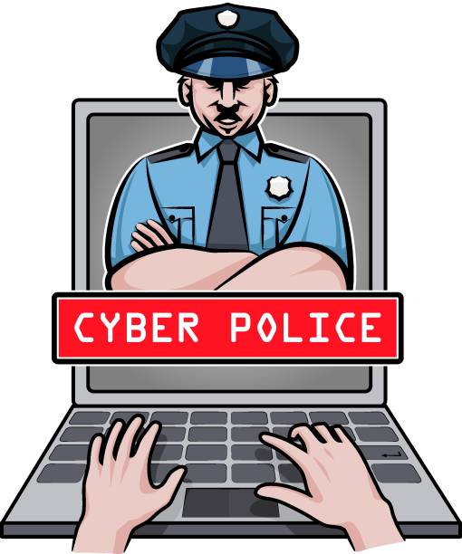 illustrazioni stock, clip art, cartoni animati e icone di tendenza di l'agente di polizia informatica appare sul laptop dello schermo. - violence police catching stealing