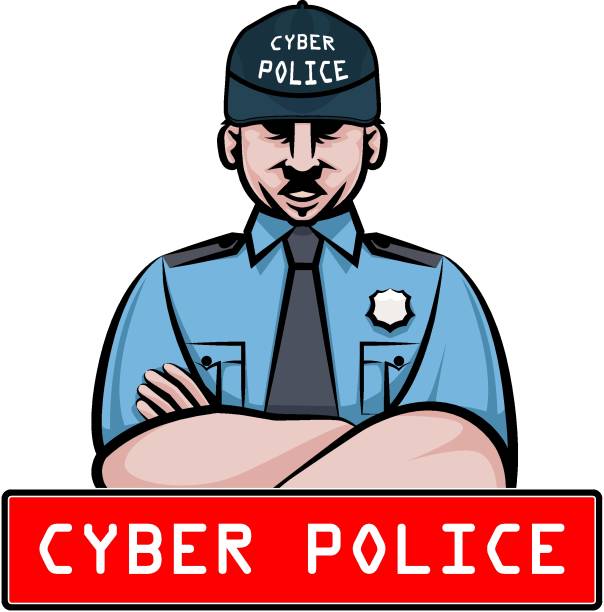 illustrazioni stock, clip art, cartoni animati e icone di tendenza di agente di polizia informatica caucasico maschio in uniforme. - violence police catching stealing