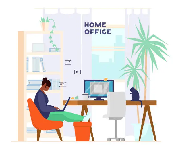Vector illustration of Home Office Interior. Freelancer At Work.