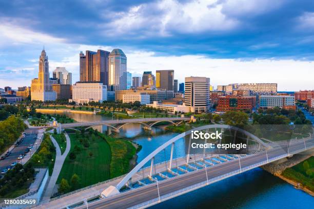 Aerial View Of Downtown Columbus Ohio With Scioto River During Sunset Stock Photo - Download Image Now