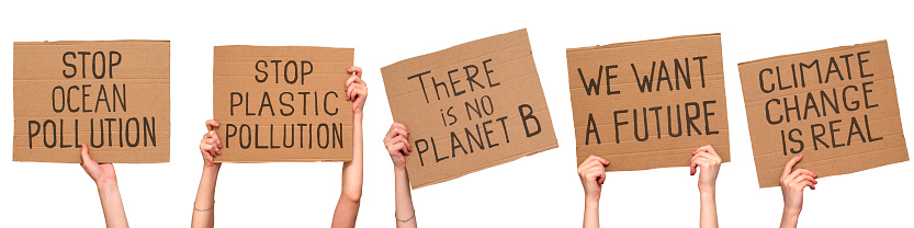 Climate change protest signs. Inscriptions on cardboard posters. Isolated on white. Set.
