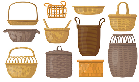 Empty baskets set. Wicker boxes and hampers, containers for storage. For picnic or Easter holiday concept. Vector illustrations isolated on white background