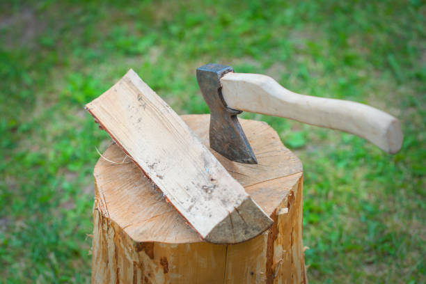deck of stacked logs and axe deck of stacked wooden logs and an axe outdoors axe stump stock pictures, royalty-free photos & images