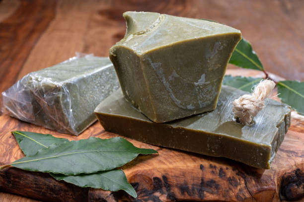 istock Blocks of handmade bio vegetal laurel bay leaf soap 1280040233